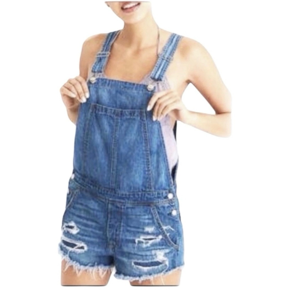AE American Eagle Denim Cutoff Overalls Distressed Shorts Cotton Blue Sz XS